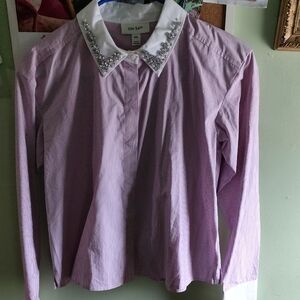 Embellished Collar Striped Button-Up Blouse